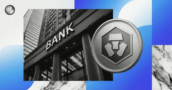 Bank building facade with Crypto.com coin logo, symbolizing traditional banking integration with cryptocurrency services and digital asset adoption