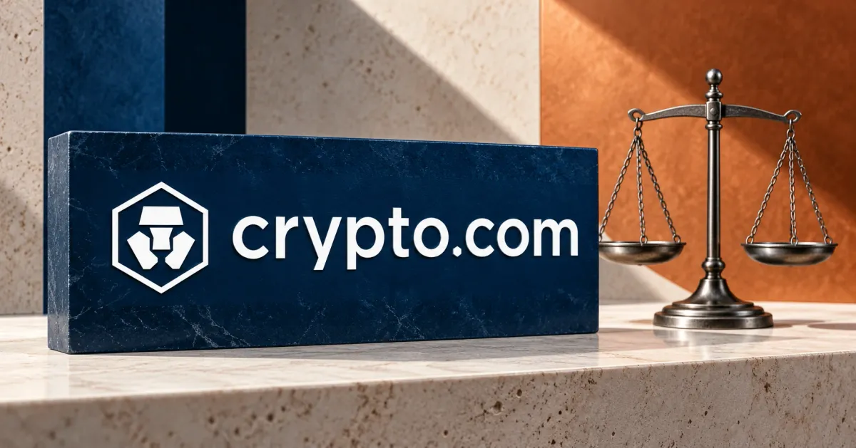 Large official white Crypto.com lion emblem and crypto.com wordmark on a navy stone sign beside an unbranded greyscale mechanical balance scale, against off-white, petrol-blue and copper panels.