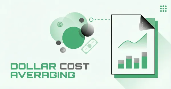 Abstract crypto illustration of dollar-cost averaging with coins, cash icons, and an upward chart on a report
