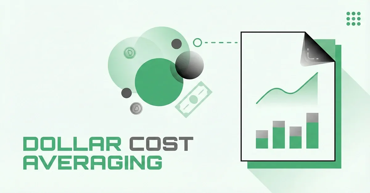 Abstract crypto illustration of dollar-cost averaging with coins, cash icons, and an upward chart on a report