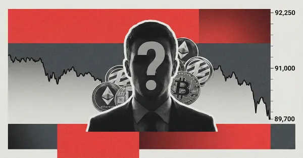 Silhouetted trader with question mark over falling Bitcoin price chart and stacked crypto coins, signaling market uncertainty