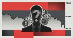 Silhouetted trader with question mark over falling Bitcoin price chart and stacked crypto coins, signaling market uncertainty