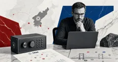 Greyscale blockchain security operations desk with a TRM Labs threat report, hardware wallet vault, incident markers and North Korea-linked cyber risk map on red and blue editorial panels.
