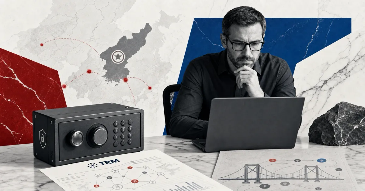 Greyscale blockchain security operations desk with a TRM Labs threat report, hardware wallet vault, incident markers and North Korea-linked cyber risk map on red and blue editorial panels.