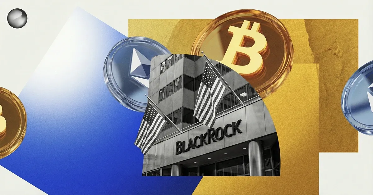 A bitcoin and ethereum symbol in front of a BlackRock-style tower, illustrating crypto fund outflows and ETF redemptions
