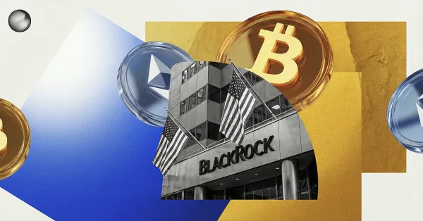 A bitcoin and ethereum symbol in front of a BlackRock-style tower, illustrating crypto fund outflows and ETF redemptions