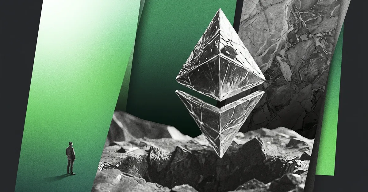 A large Ethereum symbol hovering over a cratered landscape with a lone figure observing, representing Ethereum’s evolving ecosystem, innovation, and the uncertain terrain of decentralized finance