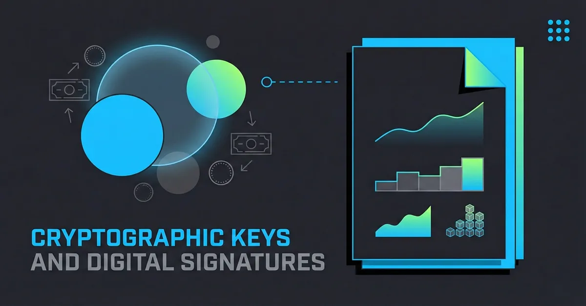 Cover for cryptographic keys and digital signatures guide with neon blue and green charts and circles on a dark background