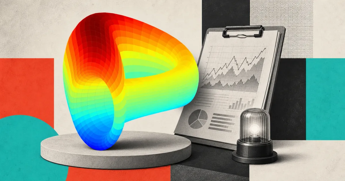 Official rainbow Curve logo on a large plaque beside a greyscale risk-monitoring clipboard and alert beacon on off-white, coral, aqua and charcoal editorial panels.