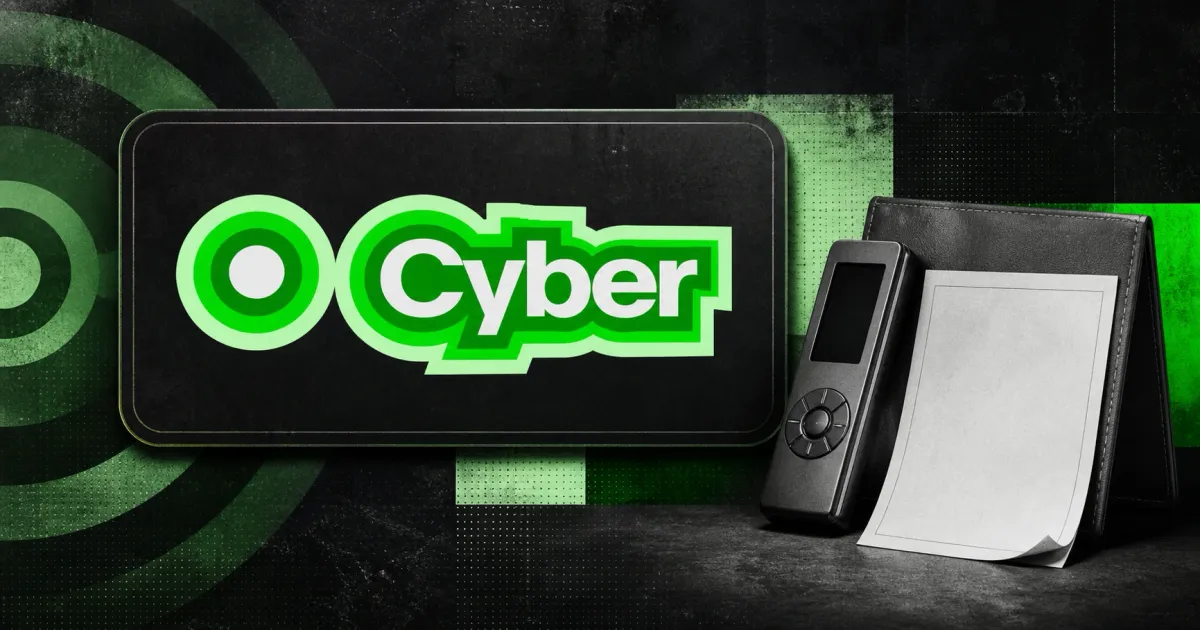 Large official Cyber green concentric-circle logo and wordmark on a dark plaque beside a greyscale unbranded smart-wallet device and blank withdrawal document.