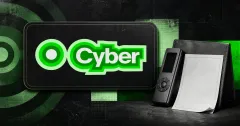 Large official Cyber green concentric-circle logo and wordmark on a dark plaque beside a greyscale unbranded smart-wallet device and blank withdrawal document.