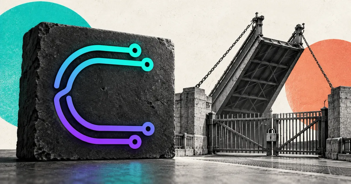 Large official turquoise-to-violet Cysic circuit C logo on a charcoal stone sign beside an unbranded greyscale raised drawbridge and locked gate, against off-white, teal and coral panels.