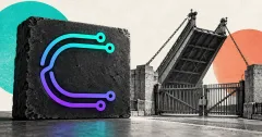 Large official turquoise-to-violet Cysic circuit C logo on a charcoal stone sign beside an unbranded greyscale raised drawbridge and locked gate, against off-white, teal and coral panels.