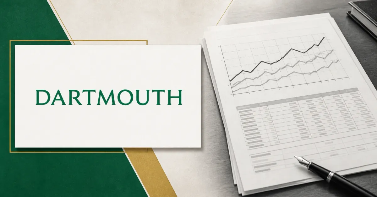 Large official green Dartmouth wordmark on a white plaque beside a greyscale unbranded institutional holdings document and fountain pen across green and muted-gold editorial panels.