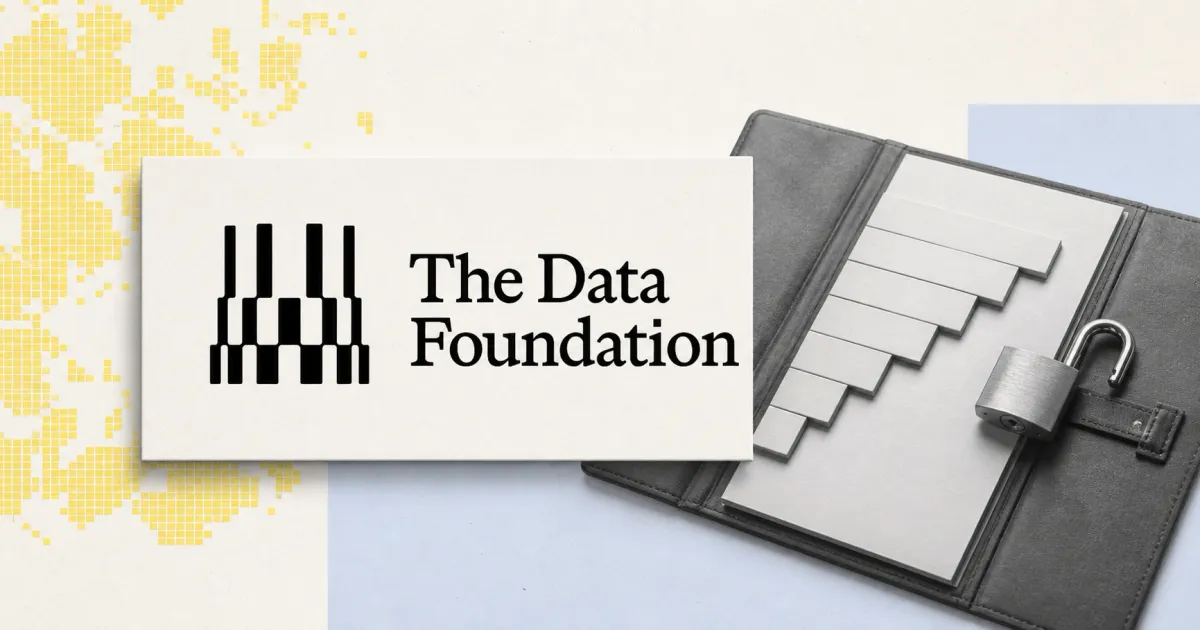 Large official black Data Foundation logo and wordmark on an off-white plaque beside a greyscale unbranded vesting ledger with stepped release bars and an opening lock.