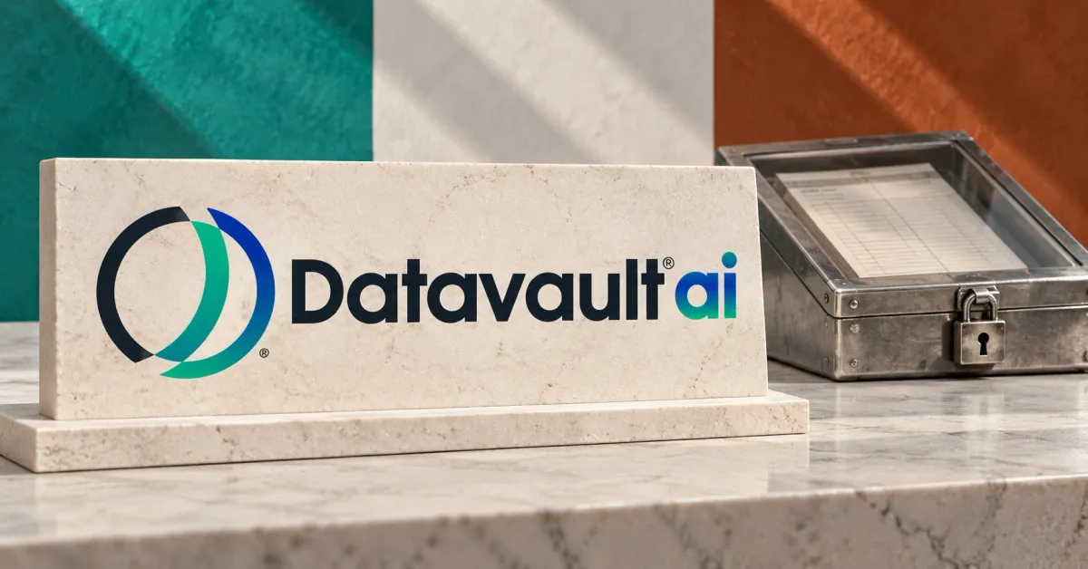 Large official Datavault ai logo in dark, teal and blue on an ivory stone sign beside an unbranded greyscale locked document case containing a ledger, against teal and copper panels.