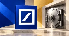 One large official white Deutsche Bank square-and-slash emblem on a deep-blue upright sign beside a smaller unbranded greyscale steel custody vault, against off-white, cobalt and ochre architectural panels.