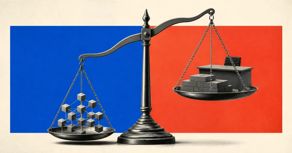 An unbranded greyscale balance scale with a connected cube network on one pan and a plain trading desk on the other, set against cobalt and orange editorial panels.