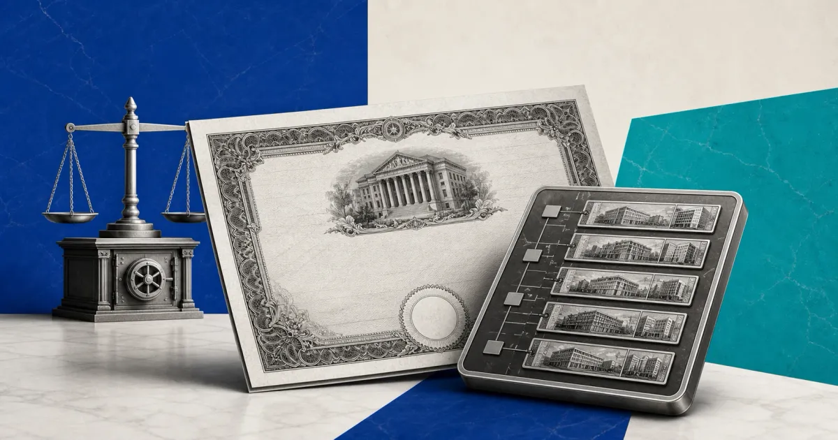 Greyscale U.S. stock certificate, regulated brokerage vault and tokenized equity ledger on cobalt blue, teal and off-white editorial panels.