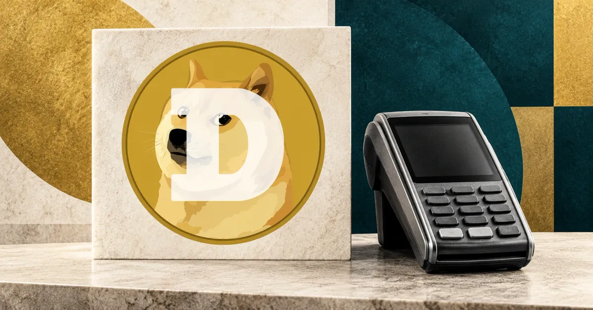 One large official gold Dogecoin logo with the Shiba Inu portrait and white D on a frontal ivory stone sign beside a smaller unbranded greyscale payment terminal, against off-white, gold and petrol-blue panels.