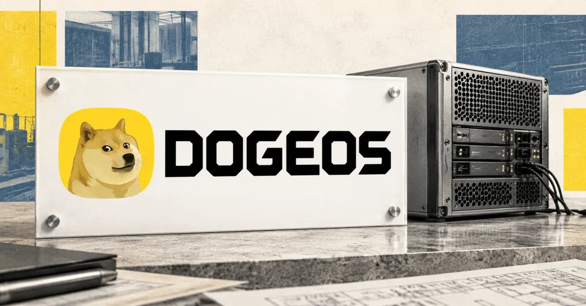 Large official DOGEOS logo, including the Doge portrait on yellow and black DOGEOS wordmark, on a white lab placard beside an unbranded greyscale development server against yellow and muted blue editorial panels.