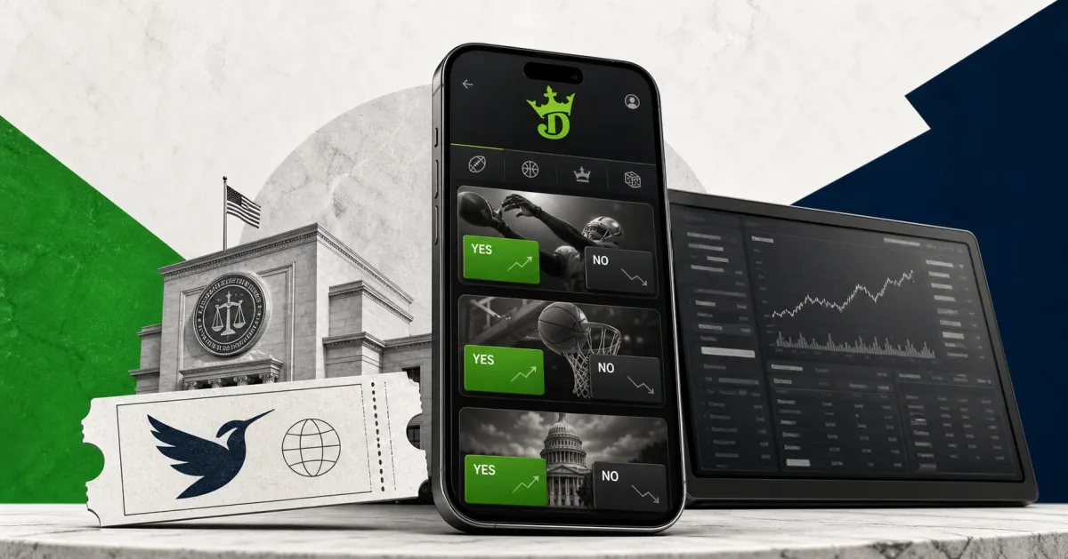 Greyscale DraftKings-style mobile app and prediction-market exchange terminal beside a CFTC-style regulator building on green and navy editorial panels.