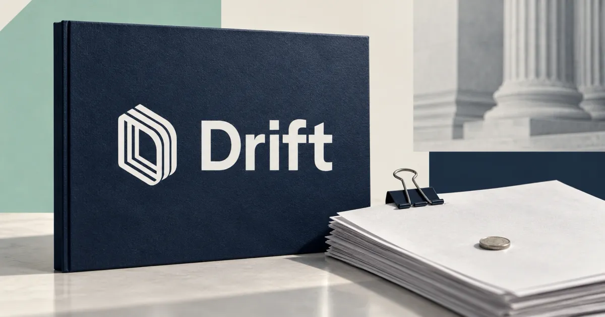 One large official white Drift symbol and wordmark on a navy stone folio beside unbranded greyscale recovery paperwork, a steel binder clip and a small plain coin, against off-white, navy and mint panels.