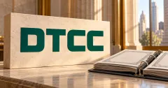 Large official green DTCC wordmark on an ivory limestone sign beside an unbranded open securities ledger with blank certificates in a sunlit stone financial building.