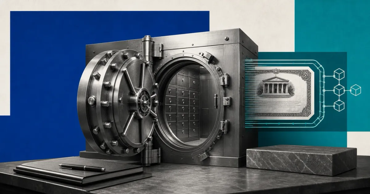 Greyscale securities vault and tokenized U.S. Treasury certificate on cobalt blue, teal and off-white editorial panels.