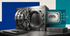 Greyscale securities vault and tokenized U.S. Treasury certificate on cobalt blue, teal and off-white editorial panels.
