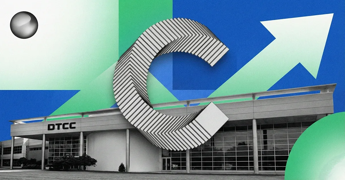 DTCC headquarters with a large Canton Foundation logo and upward arrow on blue and green blocks, illustrating institutional crypto settlement and market growth