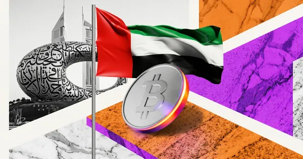Bitcoin coin beside the United Arab Emirates flag and Dubai Museum of the Future representing UAE crypto adoption and Bitcoin investment trends