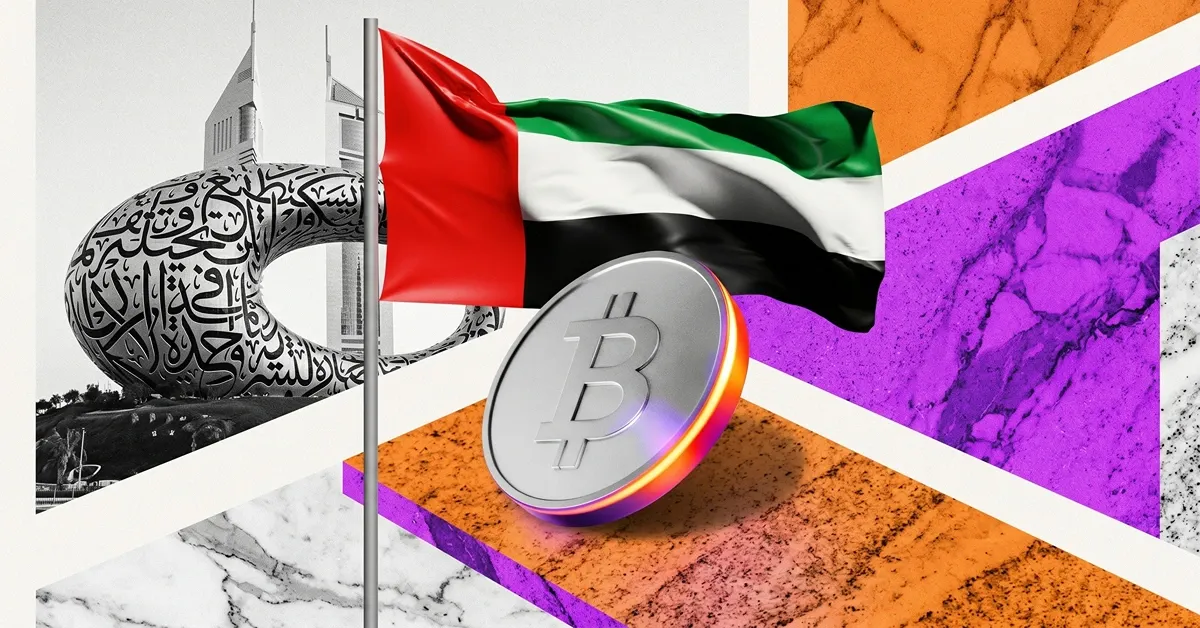 Bitcoin coin beside the United Arab Emirates flag and Dubai Museum of the Future representing UAE crypto adoption and Bitcoin investment trends