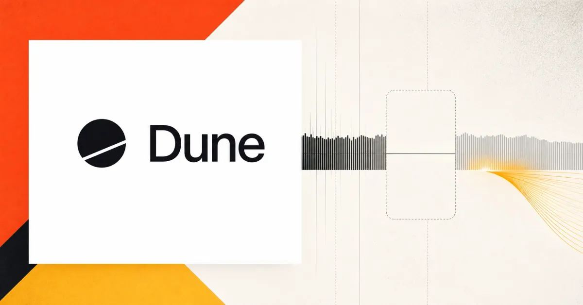 Official Dune icon and wordmark on a prominent white analysis plaque beside an out-of-range liquidity rail, representing Dune's study of idle DeFi liquidity.