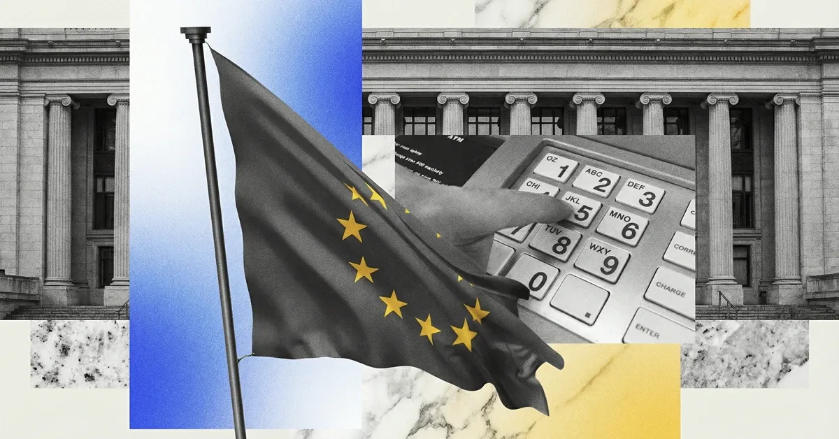 European Union flag in front of institutional building, overlaid with a payment terminal keypad, symbolizing EU financial regulation and digital payments