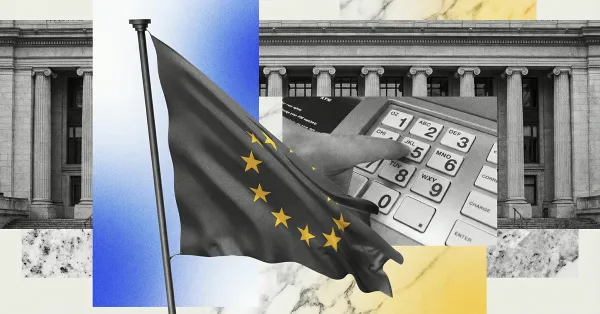 European Union flag in front of institutional building, overlaid with a payment terminal keypad, symbolizing EU financial regulation and digital payments