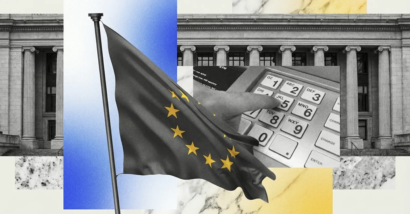 European Union flag in front of institutional building, overlaid with a payment terminal keypad, symbolizing EU financial regulation and digital payments