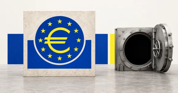 One large official blue-and-yellow ECB emblem on a white stone plaque beside an open unbranded greyscale bank vault, against off-white, blue and yellow panels.