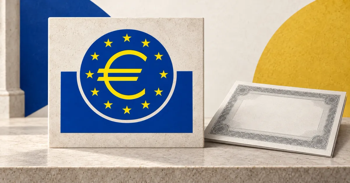 Large official blue and yellow European Central Bank emblem on an off-white stone plaque beside an unbranded greyscale bond certificate, with blue and golden-yellow background panels.