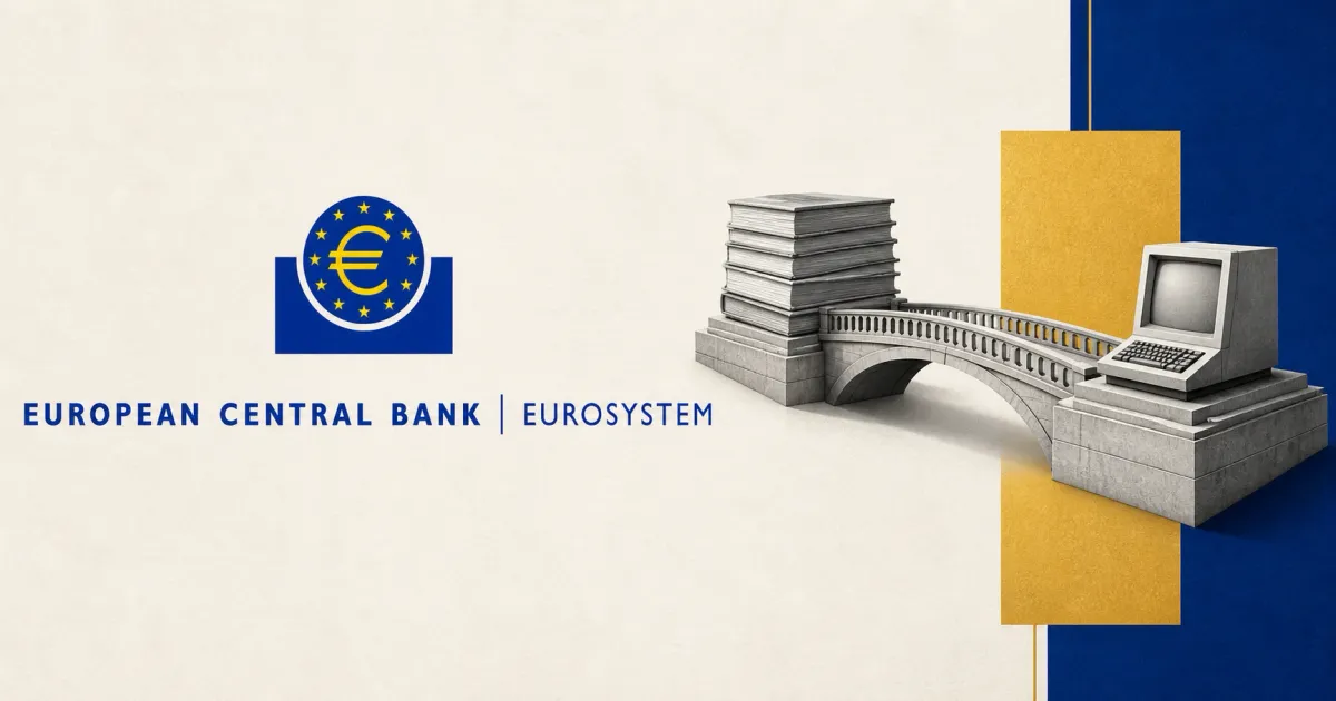 Large official European Central Bank logo beside a greyscale unbranded settlement bridge linking a paper securities ledger to a settlement terminal on blue, gold and off-white editorial panels.