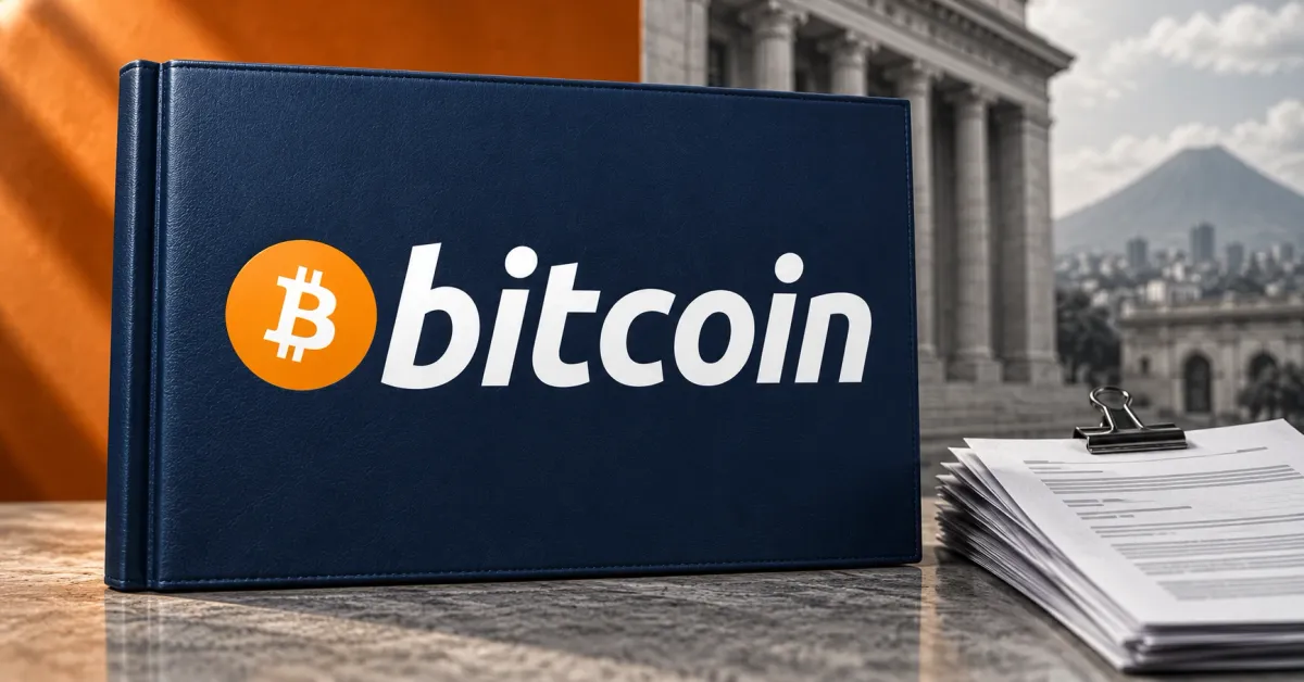 One large official orange-and-white Bitcoin wordmark on a navy reserve folio beside unbranded greyscale loan paperwork with a binder clamp, against orange panels and a greyscale institutional building.