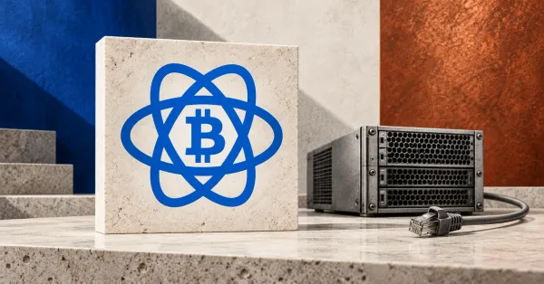 One large official blue Electrum atom emblem with its integral Bitcoin character on an ivory stone sign beside an unbranded greyscale server and disconnected network cable, against blue and copper panels.