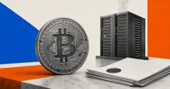Greyscale Bitcoin coin beside AI data-center server racks and corporate documents on cobalt blue, orange and off-white editorial panels.