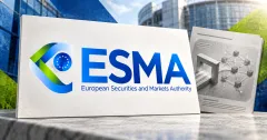 Large, unobstructed official blue and green ESMA logo and full wordmark on a white stone folio beside an unbranded greyscale document showing a DeFi gateway and connected nodes.