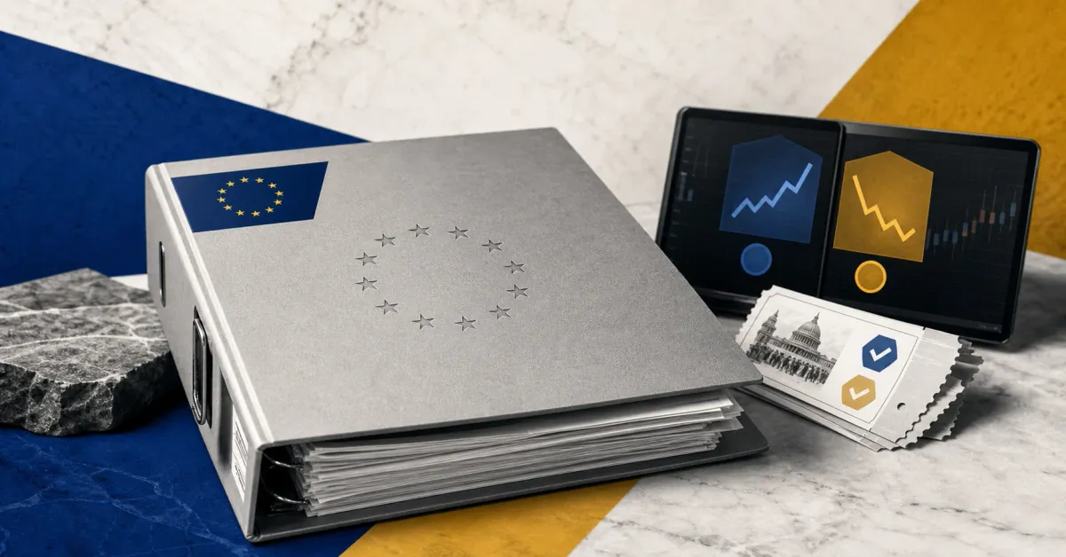 Greyscale European securities regulator desk with an ESMA-style document, EU flag, prediction market contract tickets and crypto trading screens on blue and amber editorial panels.
