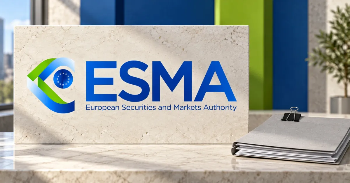 Large official blue and green ESMA logo on an off-white stone sign beside an unbranded greyscale document folder with a metal clip, against blue and lime panels.