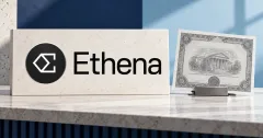 Large official dark Ethena emblem and black wordmark on an off-white stone desk sign beside an unbranded greyscale share certificate in a metal clip, against navy and pale blue panels.