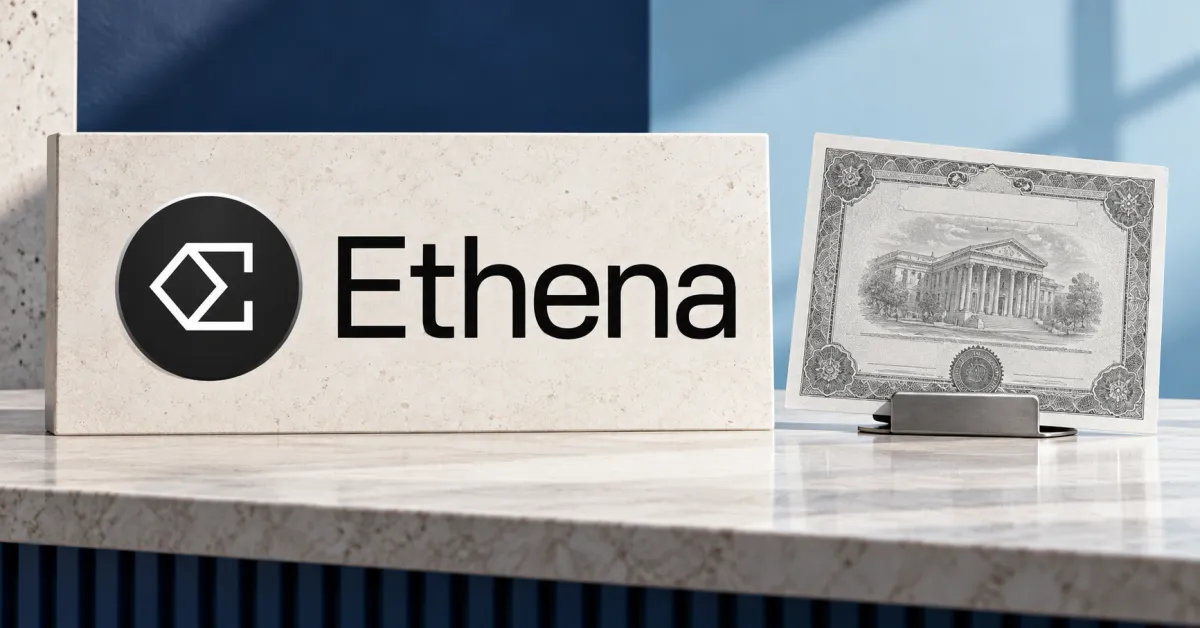 Large official dark Ethena emblem and black wordmark on an off-white stone desk sign beside an unbranded greyscale share certificate in a metal clip, against navy and pale blue panels.