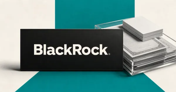 Large official white BlackRock wordmark on a charcoal plaque beside a greyscale tray of unbranded ETF settlement documents, against off-white and teal editorial panels.