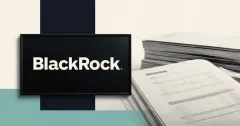 Large official BlackRock wordmark on a dark plaque beside a greyscale stack of unbranded ETF settlement documents against off-white, charcoal and teal editorial panels.